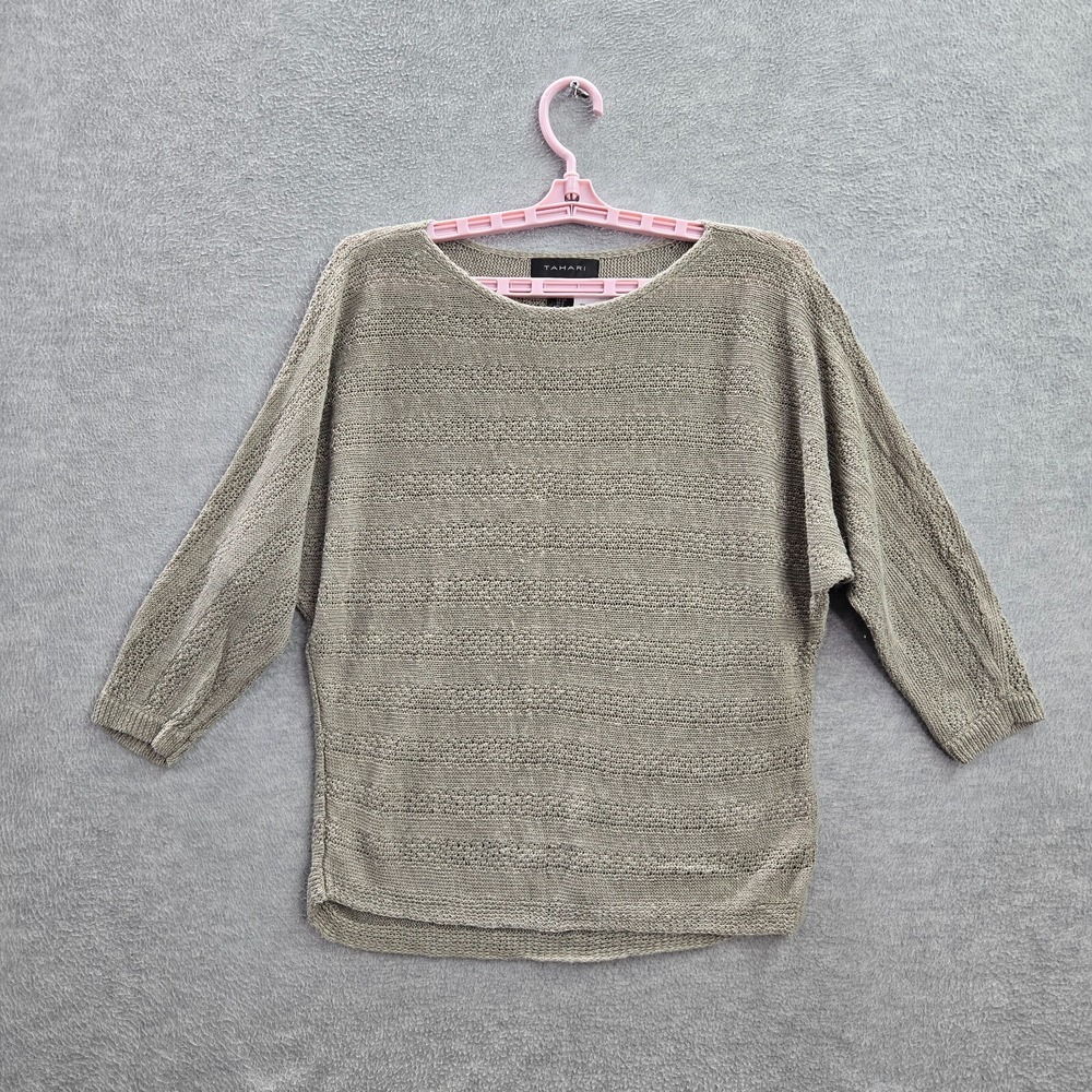 Tahari Women Sweater S Beige Knit Linen 3/4 Sleeve‎
